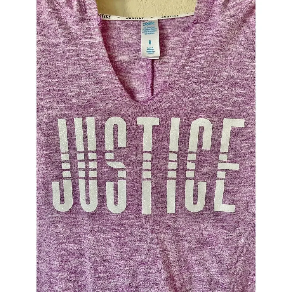 Justice Purple Stripe Trim Sparkle Logo Graphic Girls Pullover Hoodie Top Size 8